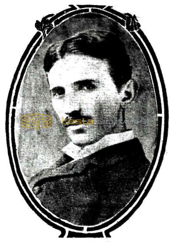 Nikola Tesla illustration from 1903 showing famous portrait in oval frame
