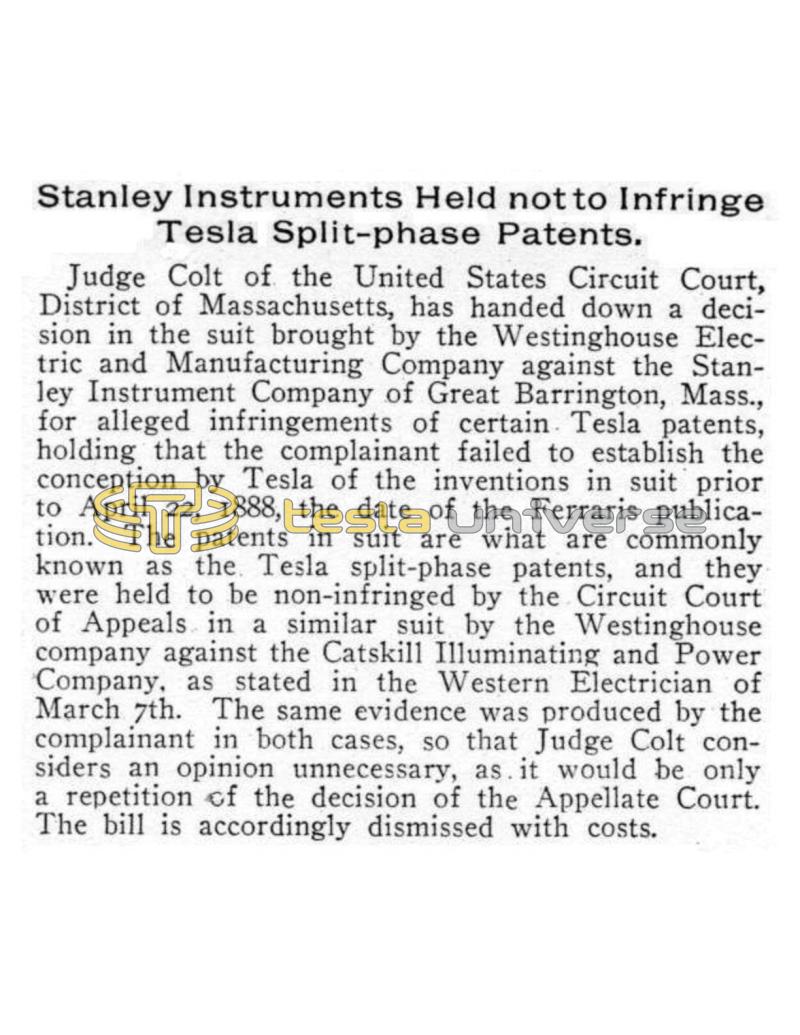 Preview of Stanley Instruments Held not to Infringe Tesla Split-phase Patents article