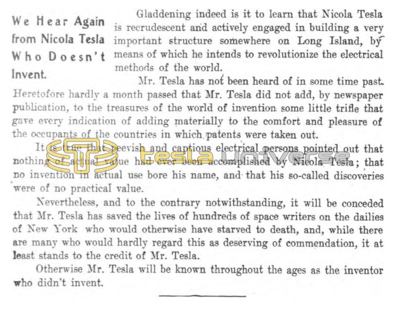 Preview of We Hear Again from Nikola Tesla Who Doesn't Invent article