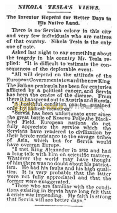 Preview of Nikola Tesla's Views article