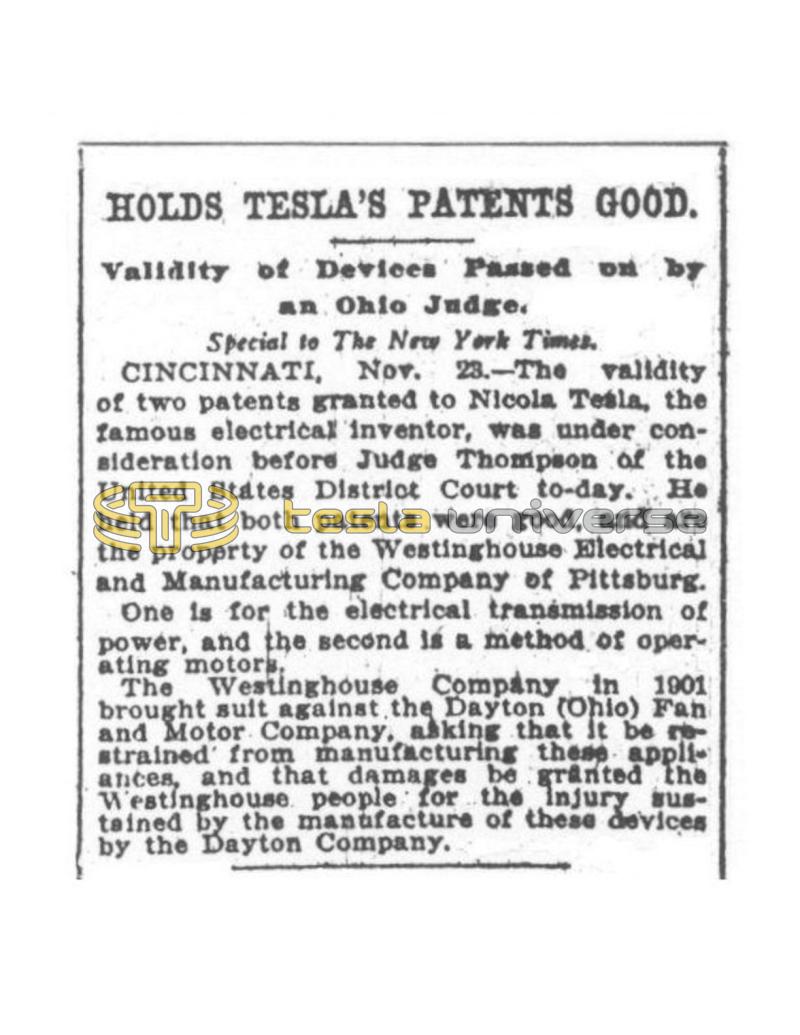 Preview of Holds Tesla's Patents Good in Dayton Co. Suit article