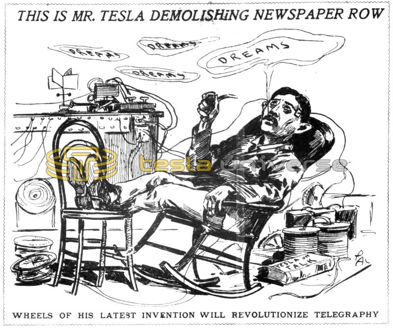 Illustration of Nikola Tesla Demolishing Newspaper Row