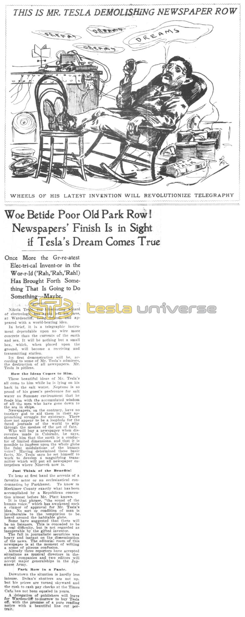 Preview of Woe Betide Poor Old Park Row! Newspapers' Finish Is in Sight if Tesla's Dream Comes True article