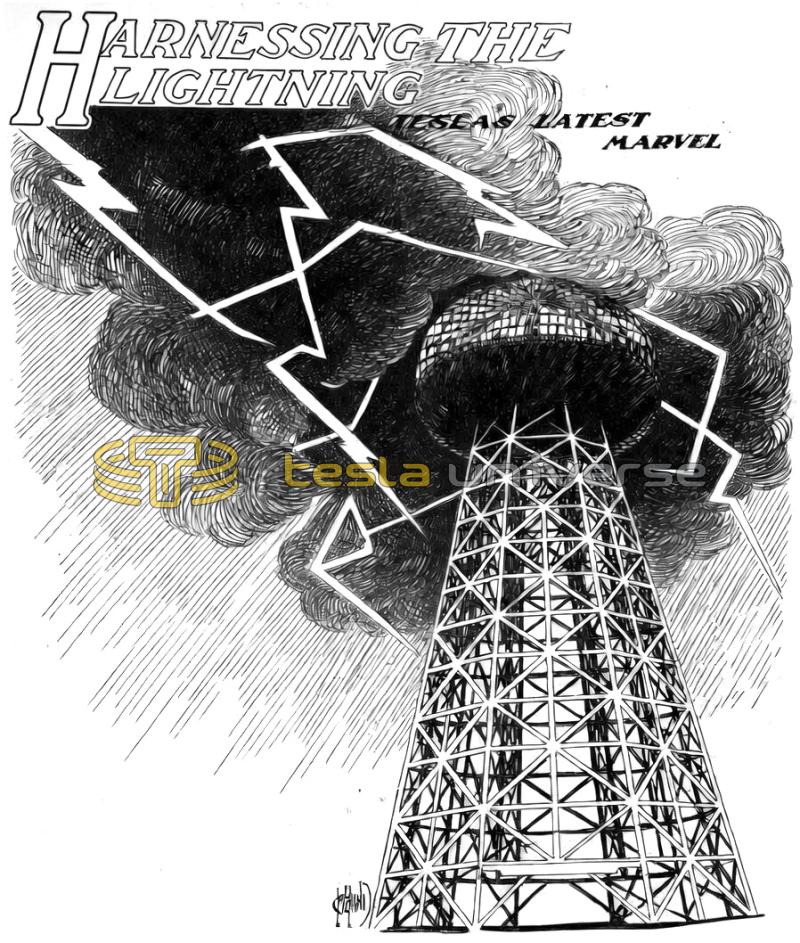 Drawing of Wardenclyffe Tower with Clouds and Lightning