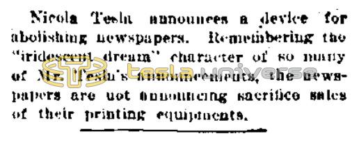 Preview of Nikola Tesla to Abolish Newspapers article