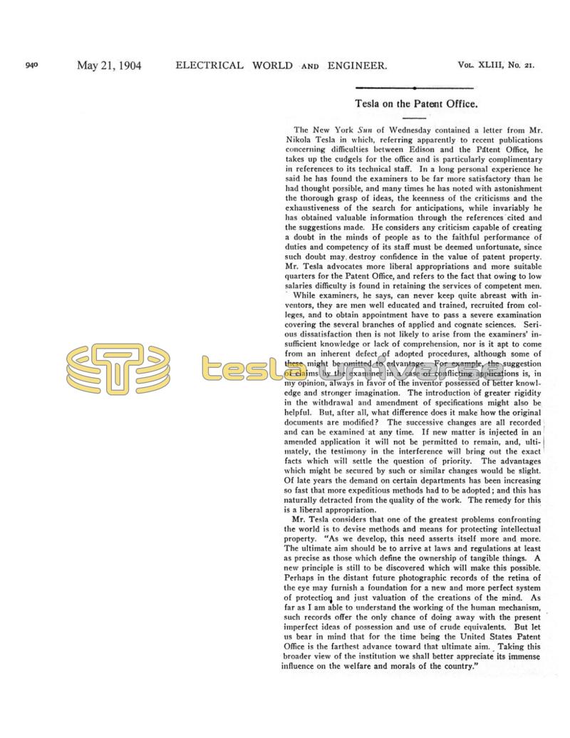 Preview of Tesla on the Patent Office article