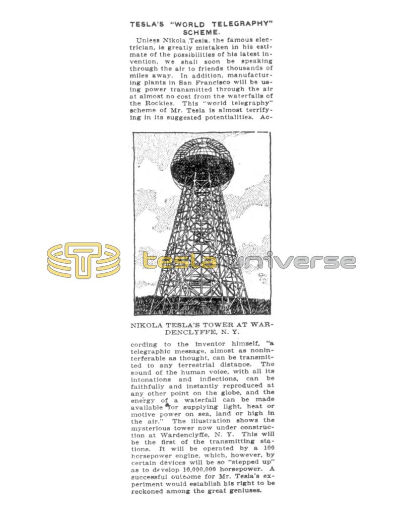 Preview of Tesla's "World Telegraphy" Scheme article