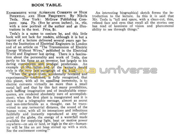 Preview of Book Table - Review of Experiments with Alternate Currents of High Potential and High Frequency Lecture article