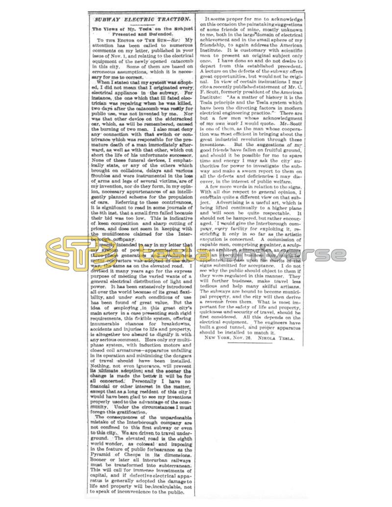Preview of Subway Electric Traction - The Views of Mr. Tesla on the Subject Presented and Defended article