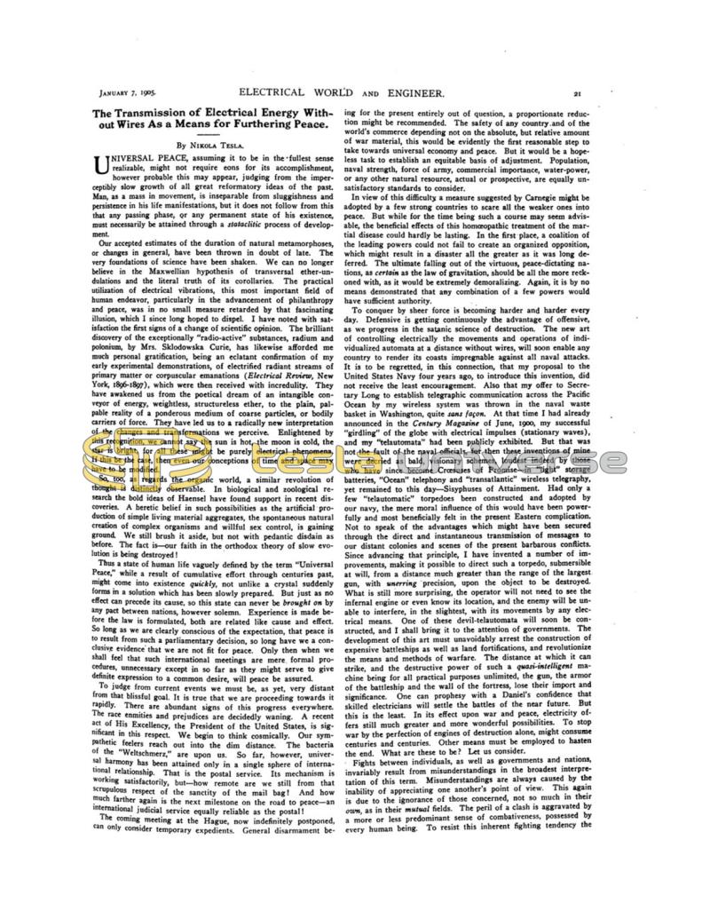 Preview of The Transmission of Electrical Energy Without Wires As a Means for Furthering Peace article
