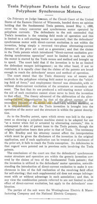 Preview of Tesla Polyphase Patents held to Cover Polyphase Synchronous Motors article