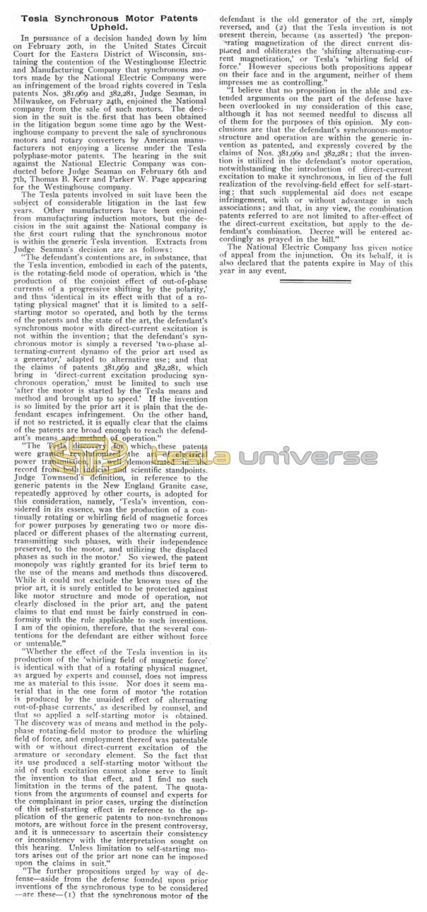 Preview of Tesla Synchronous Motor Patents Upheld article