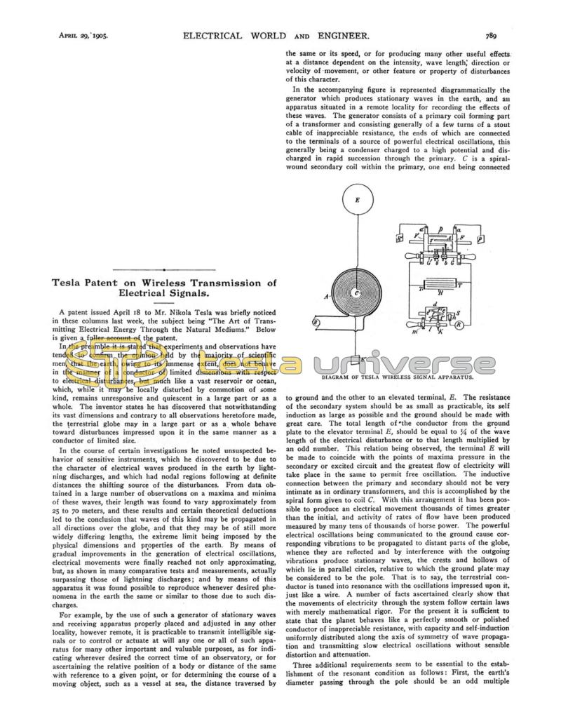 Preview of Tesla Patent on Wireless Transmission of Electrical Signals article