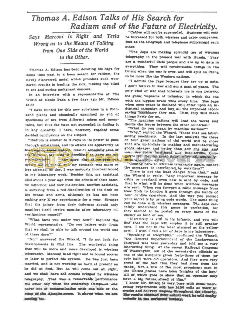 Preview of Thomas A. Edison Talks of His Search for Radium and of the Future of Electricity article
