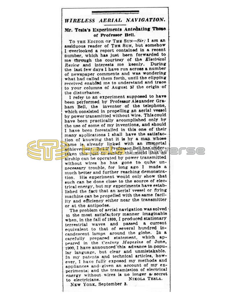 Preview of Wireless Aerial Navigation - Mr. Tesla's Experiments Antedating Those of Professor Bell article