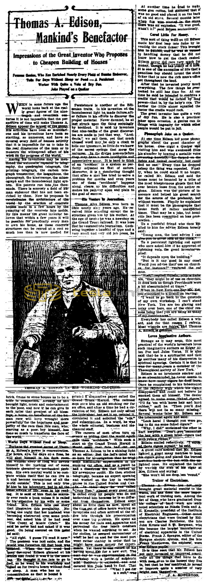 Preview of Thomas A. Edison, Mankind's Benefactor article