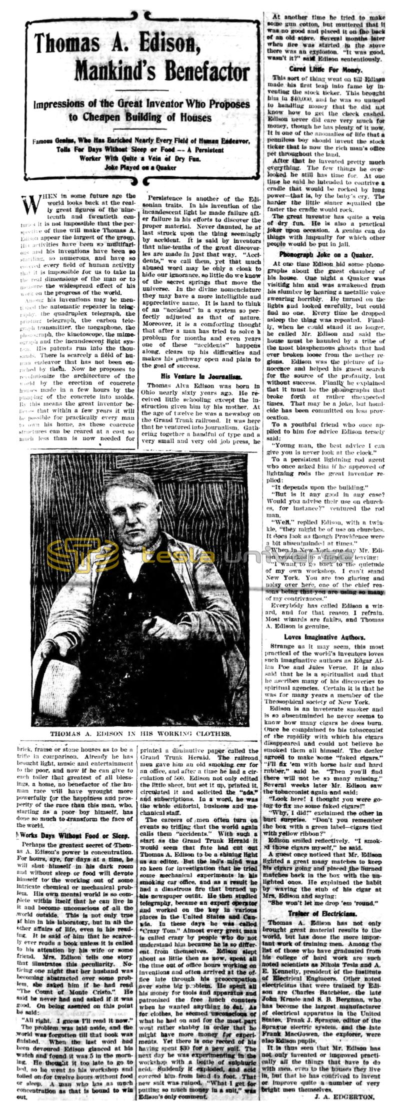Preview of Thomas A. Edison, Mankind's Benefactor (reprint) article