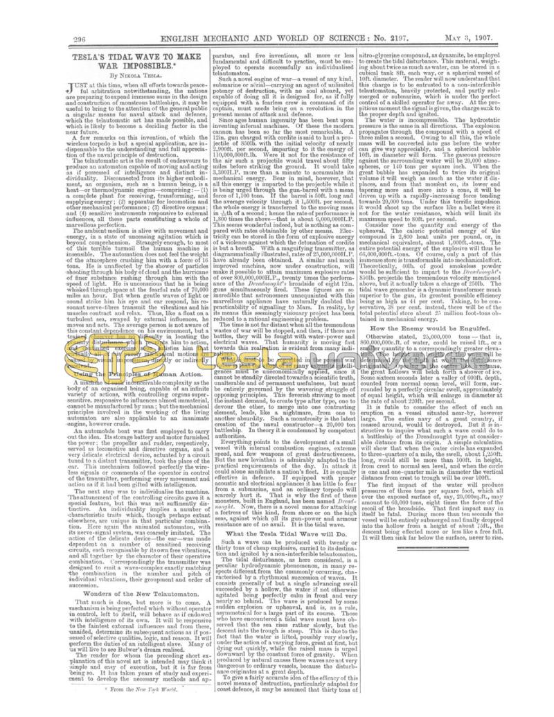 Preview of Tesla's Tidal Wave to Make War Impossible article