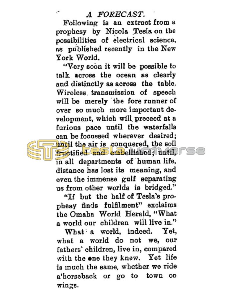 Preview of A Forecast of Prophesy by Nikola Tesla article