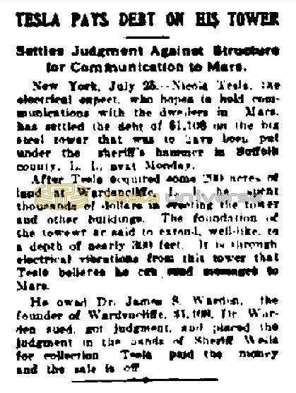 Preview of Tesla Pays Debt on His Tower article
