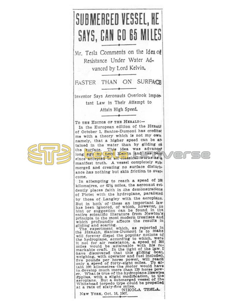 Preview of Submerged Vessel, He Says, Can Go 65 Miles article