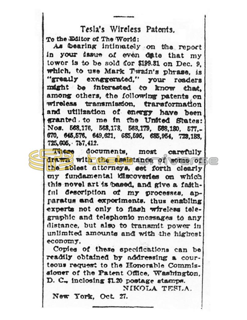 Preview of Tesla's Wireless Patents - Comments on Tower Sale and Patents article