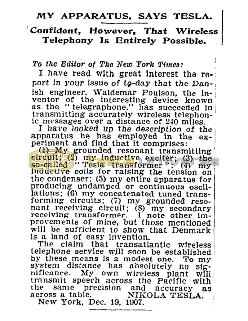 Preview of My Apparatus, Says Tesla article