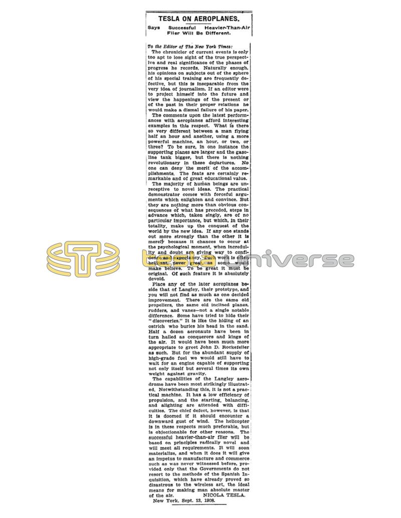 Preview of Tesla on Aeroplanes article