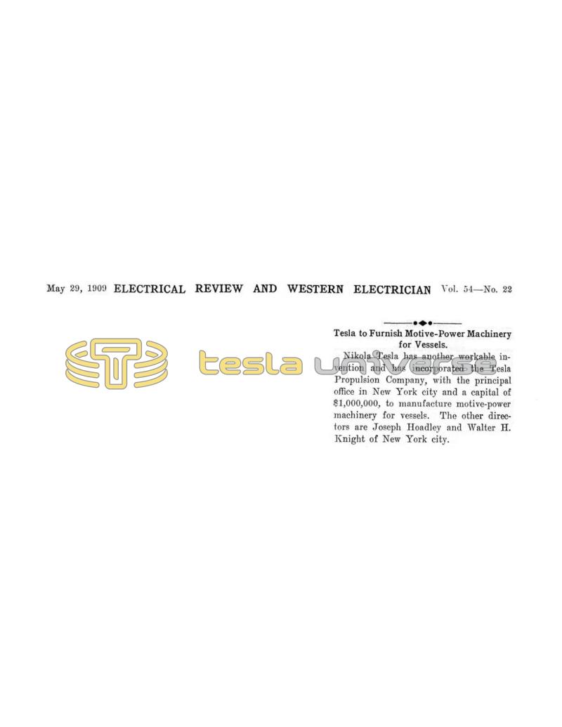 Preview of Tesla to Furnish Motive-Power Machinery for Vessels (reprint) article