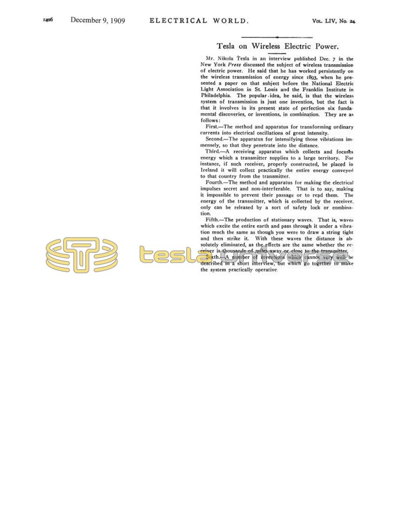 Preview of Tesla on Wireless Electric Power article