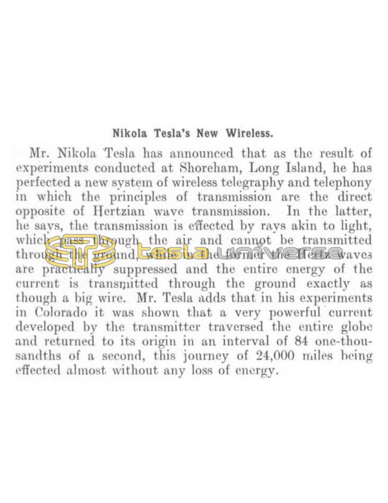 Preview of Nikola Tesla's New Wireless article