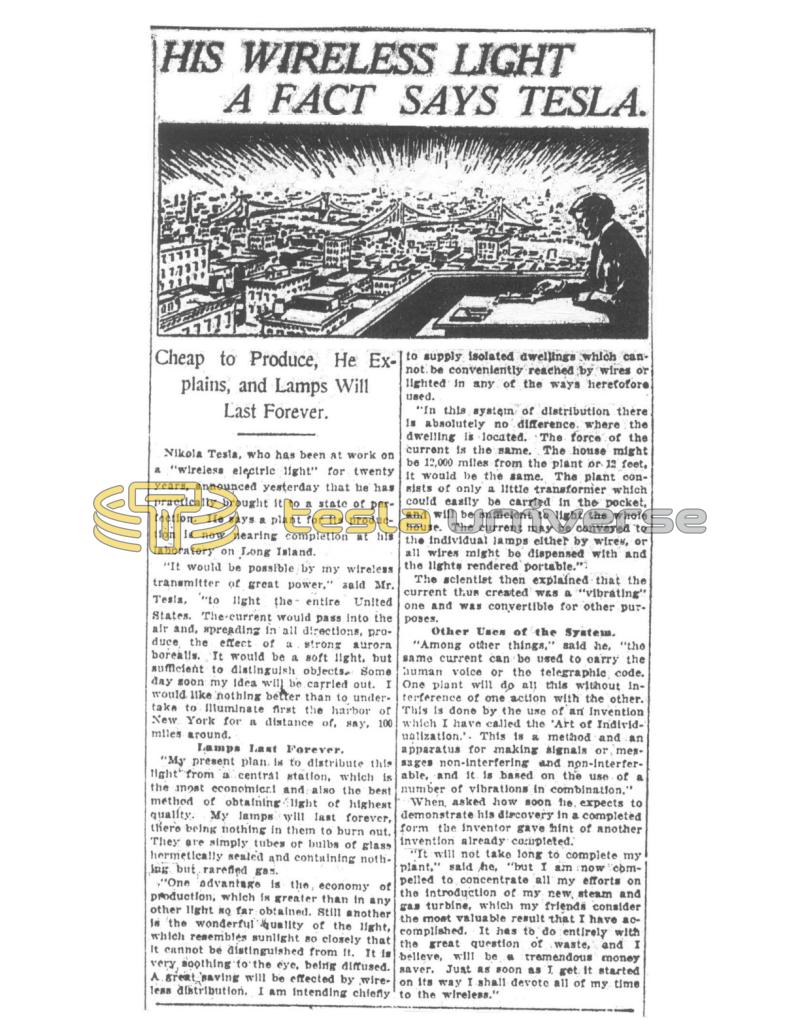 Preview of His Wireless Light a Fact Says Tesla article