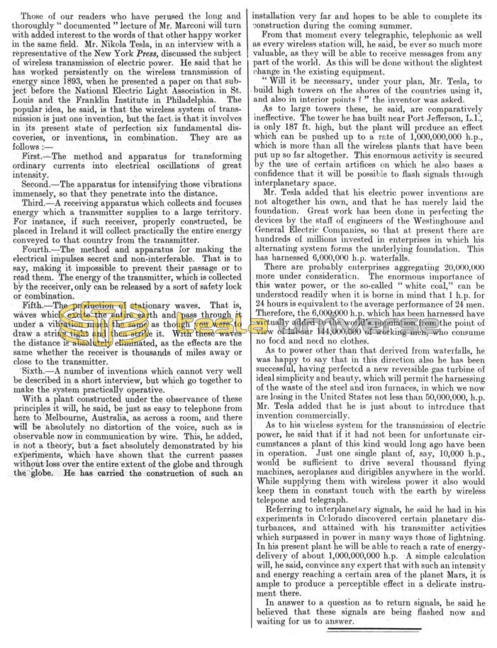 Preview of Notes of Discussion with Tesla on Wireless Transmission of Electric Power article