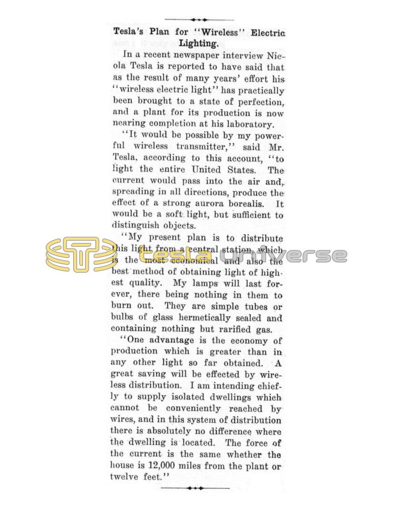 Preview of Tesla's Plan for "Wireless" Electric Lighting article