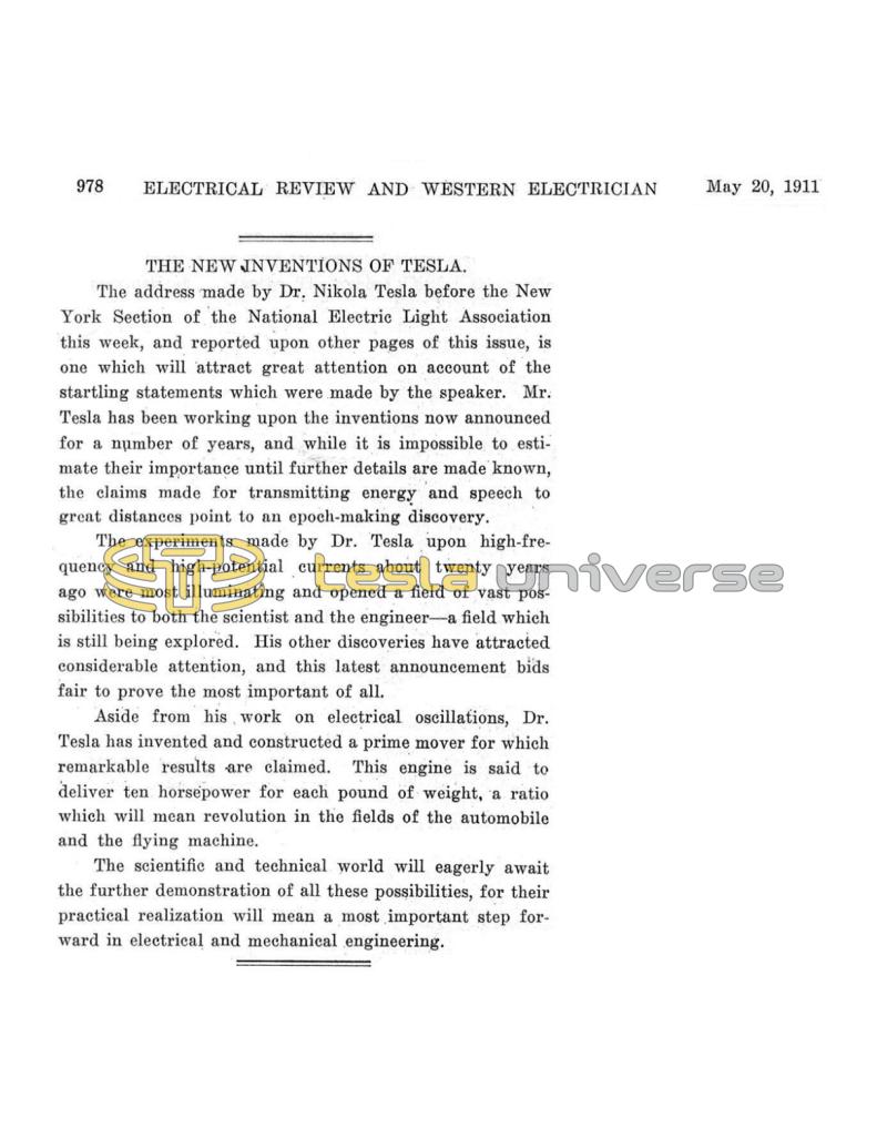 Preview of Editorial - The New Inventions of Tesla article