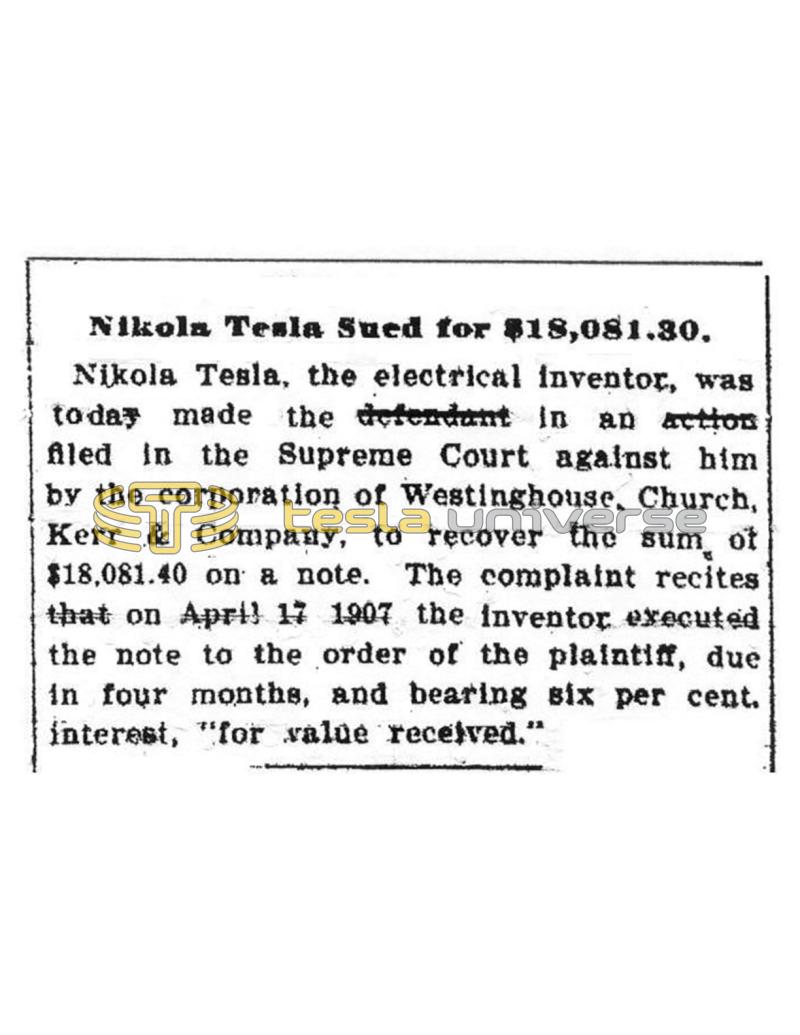 Preview of Nikola Tesla Sued for $18,081.30 article