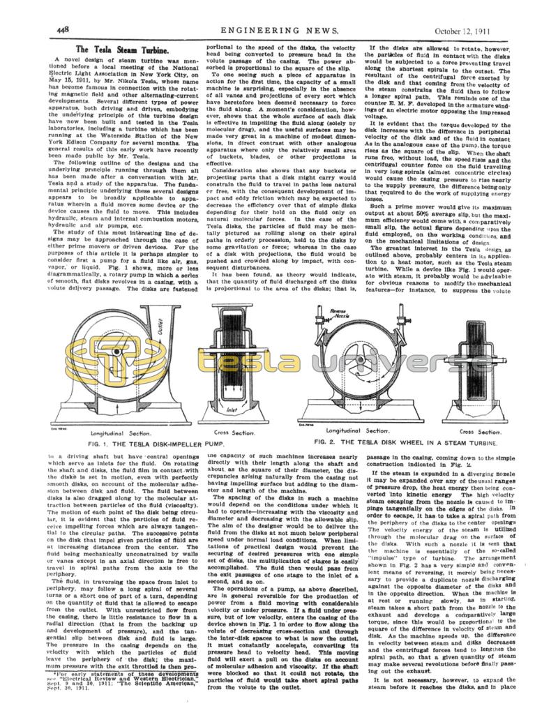 Preview of The Tesla Steam Turbine (October 12, 1911) article
