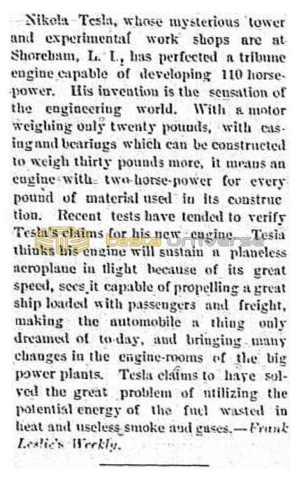 Preview of Nikola Tesla Has Perfected a Turbine Engine article