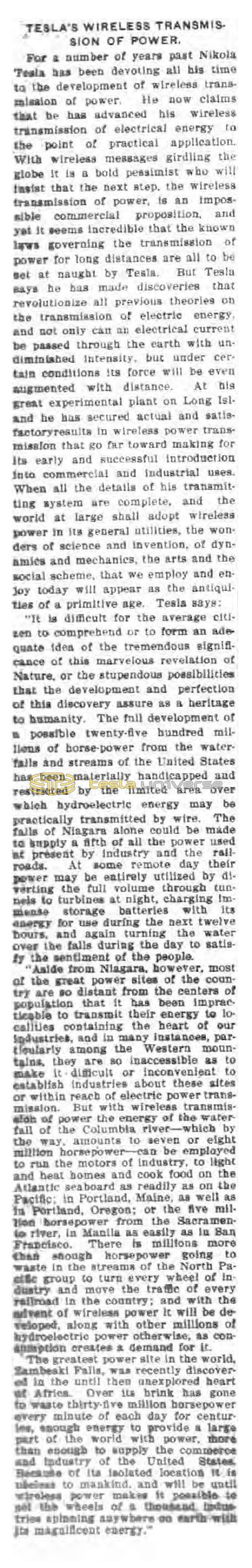 Preview of Tesla's Wireless Transmission of Power article
