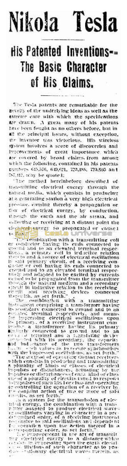 Preview of Nikola Tesla - His Patented Inventions - The Basic Character of His Claims article
