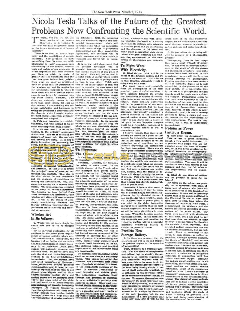 Preview of Nikola Tesla Talks of the Future of the Greatest Problems Now Confronting the Scientific World article