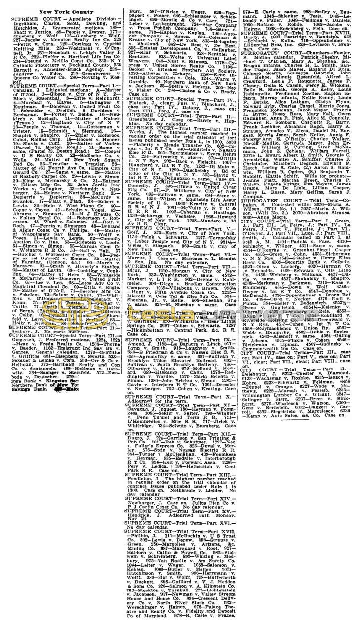 Preview of New York County Supreme Court Calendar (Nov. 17, 1913) article