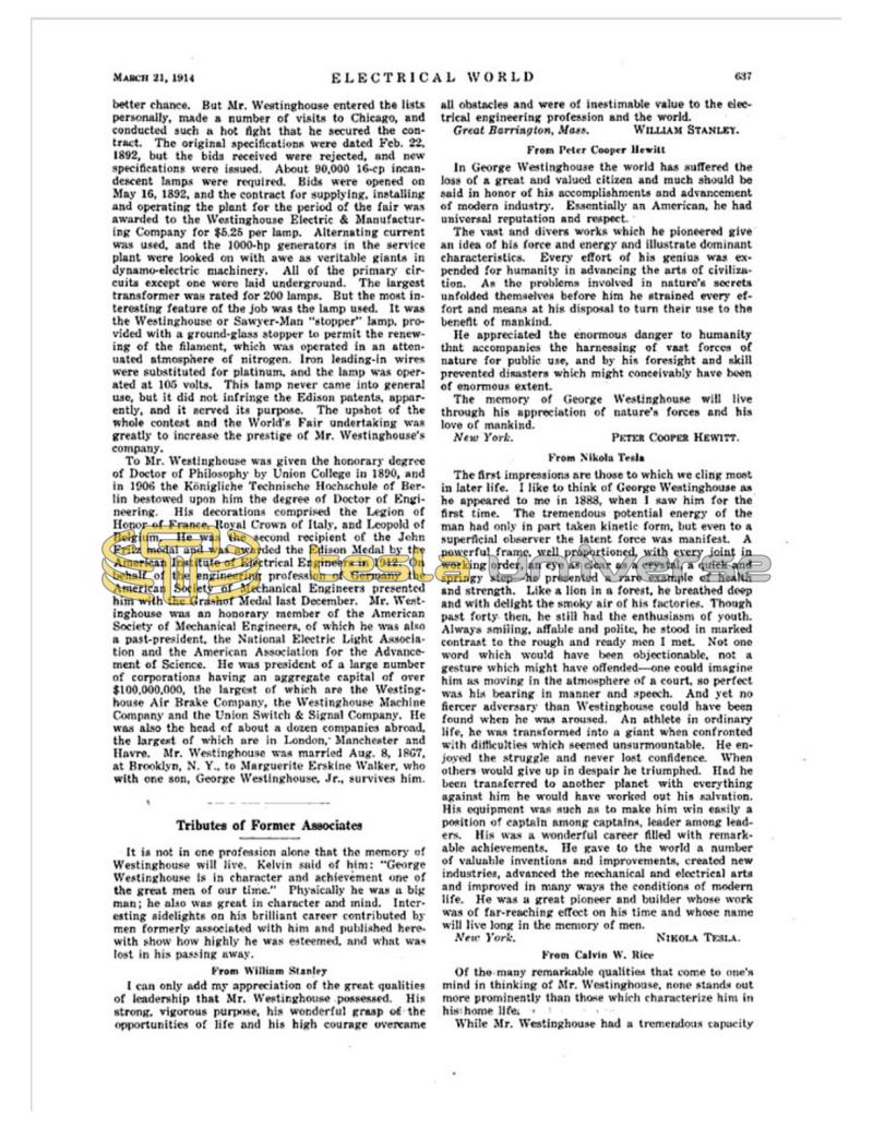 Preview of From Nikola Tesla (A Tribute to George Westinghouse) article