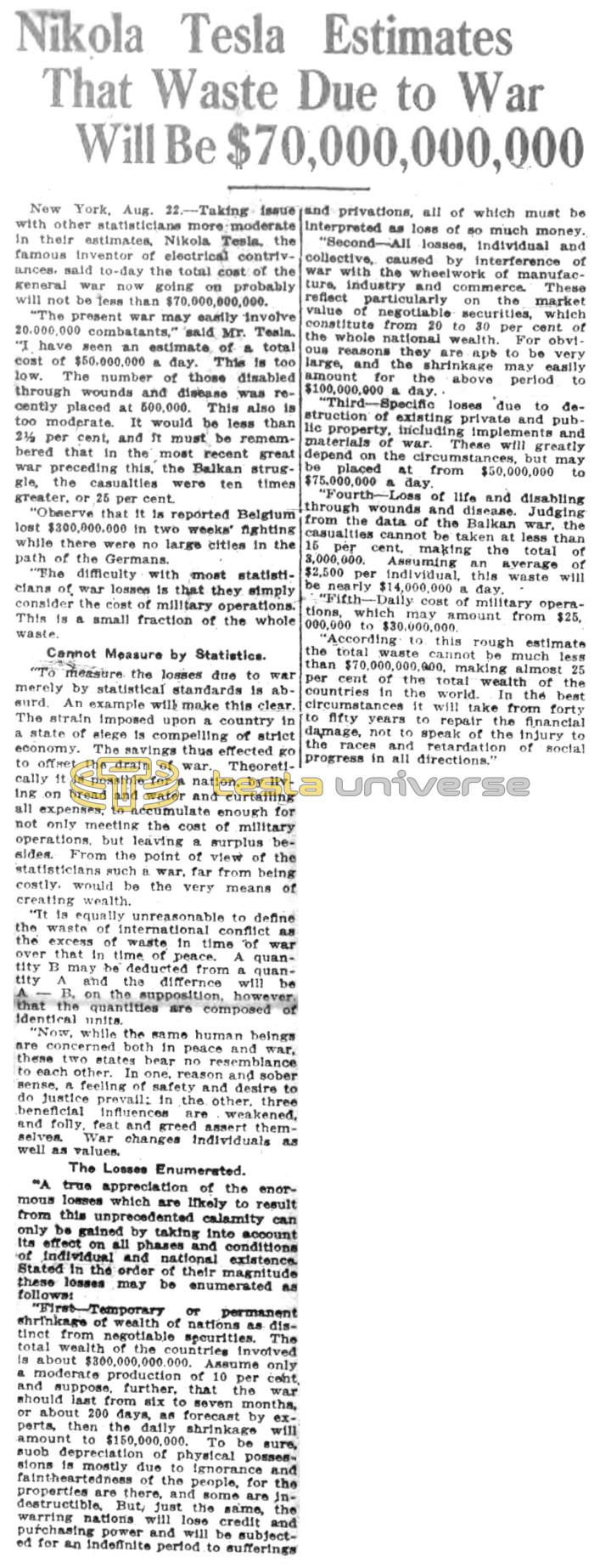 Preview of Nikola Tesla Estimates That Waste Due to War Will Be $70,000,000,000 article