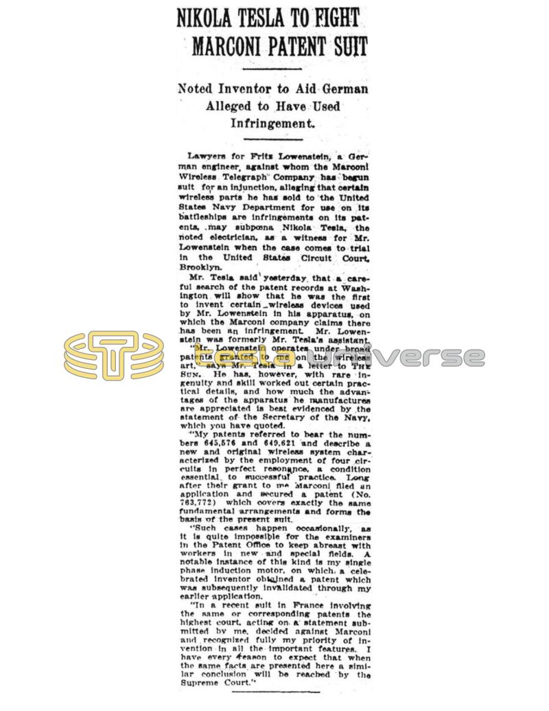 Preview of Nikola Tesla To Fight Marconi Patent Suit article