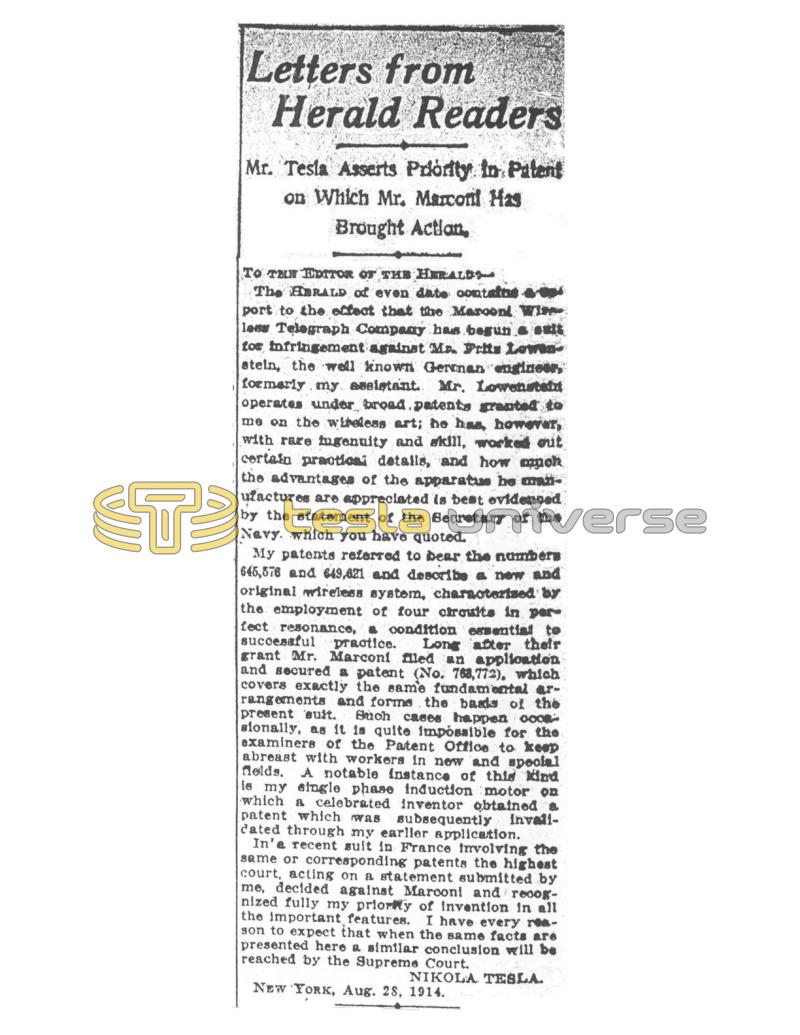 Preview of Mr. Tesla Asserts Priority in Patent on Which Mr. Marconi Has Brought Action article