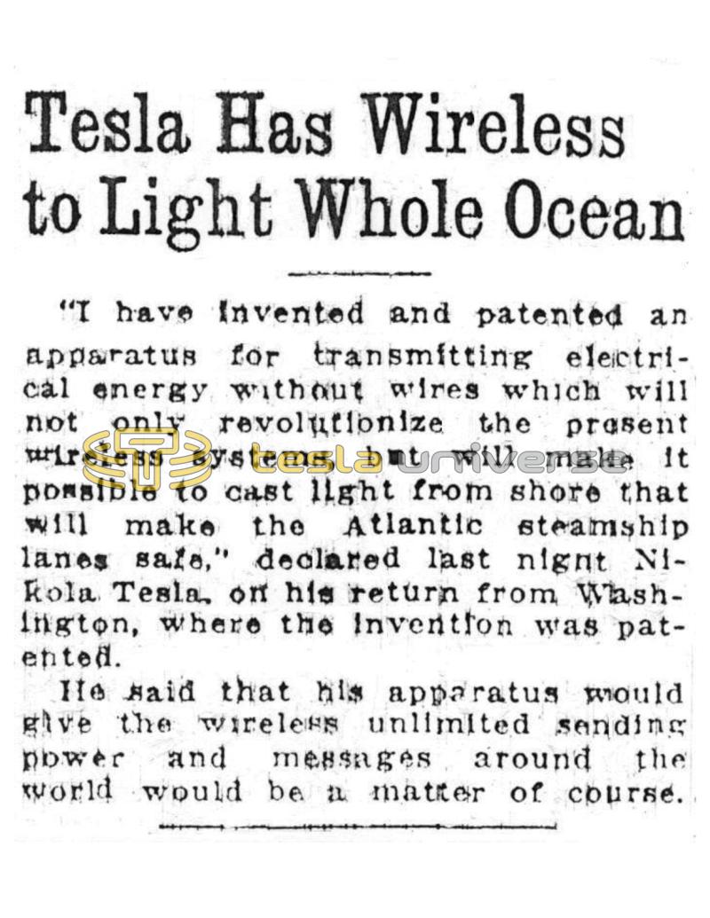Preview of Tesla Has Wireless to Light Whole Ocean (condensed reprint) article