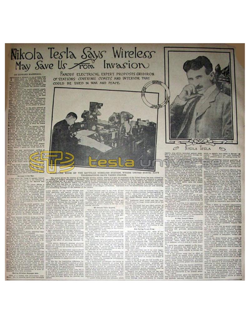 Preview of Nikola Tesla Says Wireless May Save Us From Invasion article