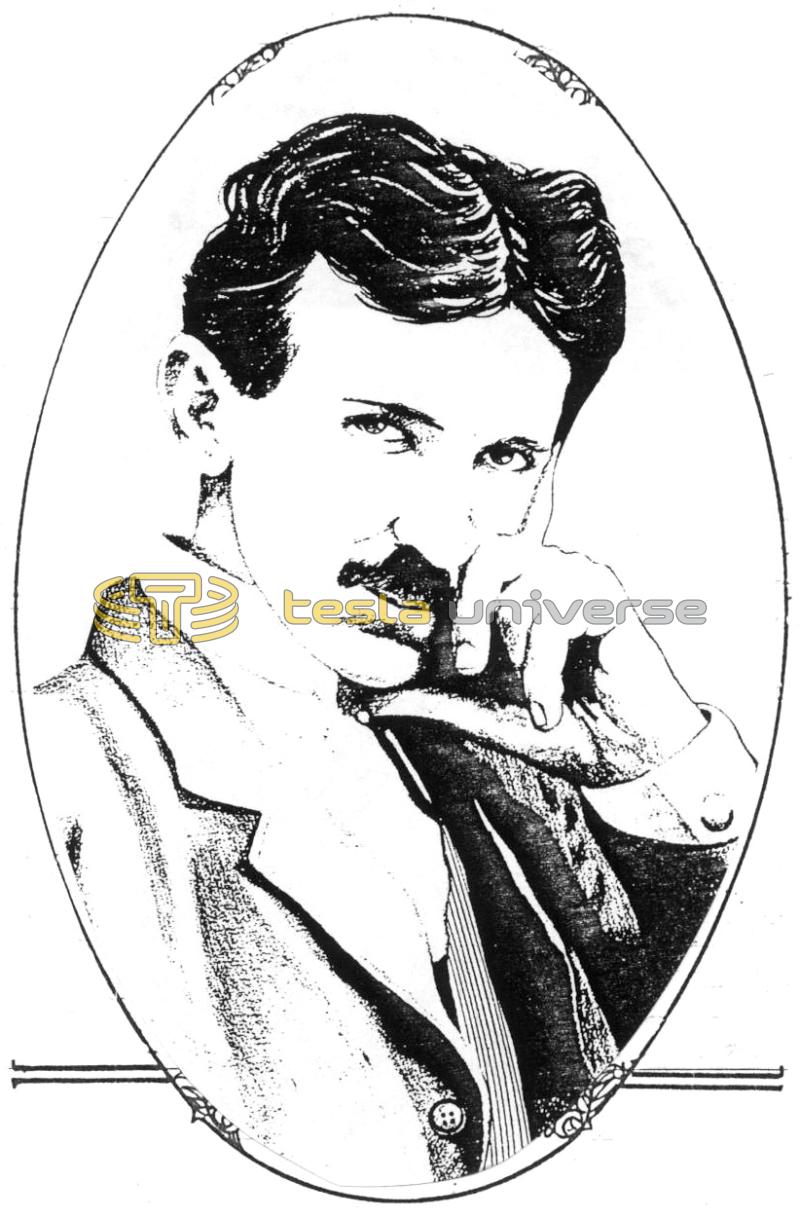 Newspaper drawing of Nikola Tesla in ornamental framing