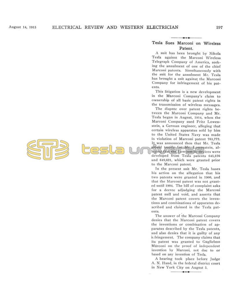 Preview of Tesla Sues Marconi on Wireless Patent article
